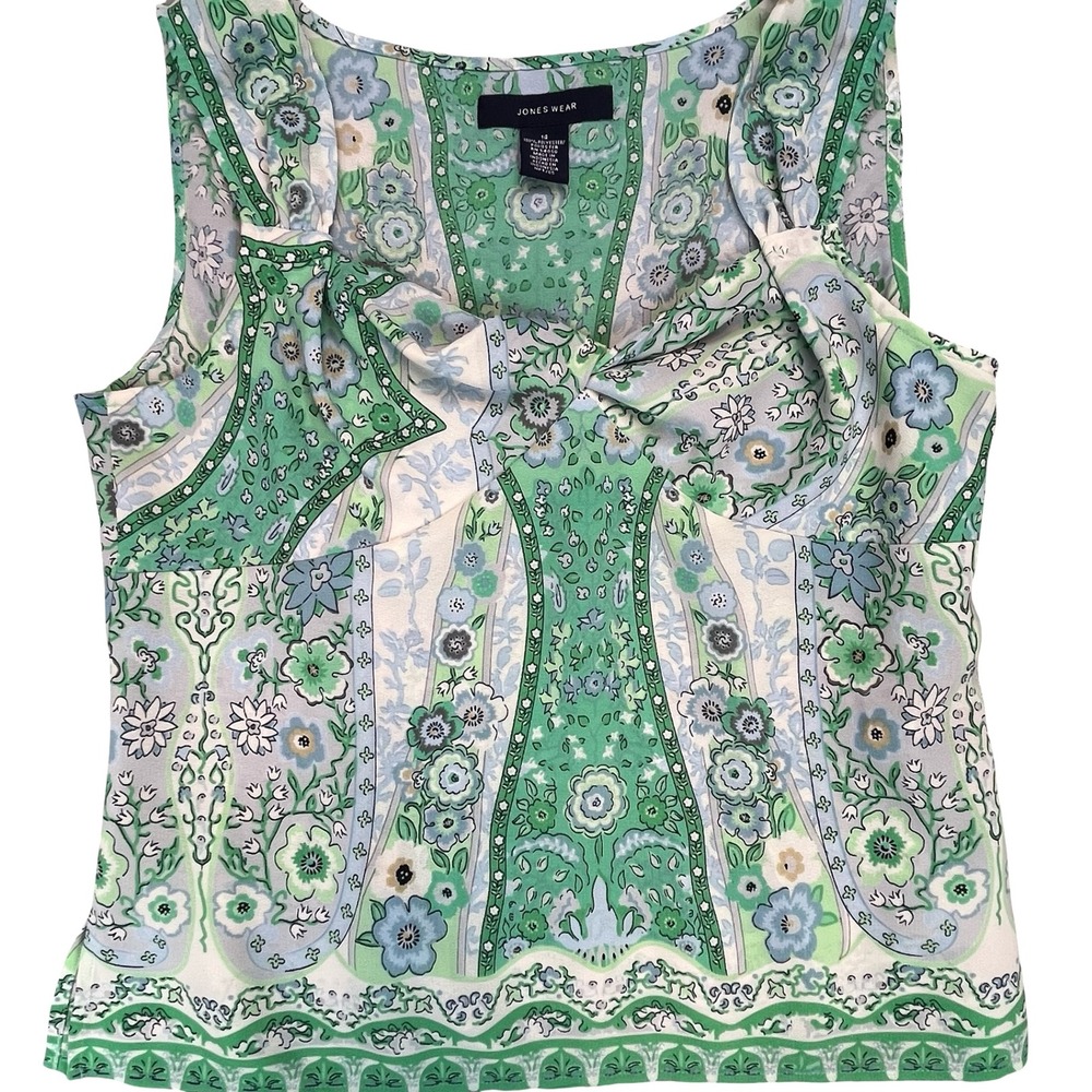 Jones Wear Womens Blouse Green Floral Paisley Sleeveless Boho Career 14